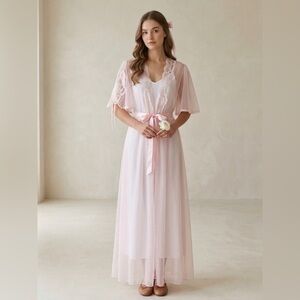 Vtg 80s Val Mode Pink Sheer Angel Sleeve Peignoir Robe Grand Sweep Petite